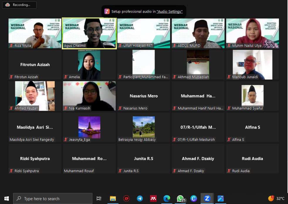 IAIKUPers- At the end of 2023, the Ushuluddin IAI Khozinatul Ulum Blora Faculty collaborates with IAIN Kediri Lecturers to hold a National Webiner with the theme" Eksistensi Ilmu Qira'at Di Era Artificial Intelligence "(Tuesday 12 December 2023). This event was held virtually via the zoom platform and opened by Anisaul Khoiriyah (Ushuluddin Faculty Student). don't forget the recitation of the holy verses of the Quran recited by Lailatul Muza. Webiner ini dimoderatori oleh Agus Chalimil Mu'min A (IAT IAI student Khozinatul Ulum Blora) and attended by various lecturers, students from these two campuses, The general public from outside campus also participated. This webinar collaboration is the beginning of a series of collaborations that will continue to be carried out by the Ushuluddin Faculty with other agencies to increase knowledge sharing and relationships with PTKIS campuses throughout Indonesia.. Dr. Abdul Murid,Lc, M.S.I, always the Dean of the Ushuluddin IAI Faculty, Khozinatul Ulum Blora, said " The literacy treasures of Ushuluddin students will continue to be improved through national webinar collaboration with several large campuses in Indonesia. After last week with the IDAQU Jakarta campus and IAIN Kudus, now with the IAIN Kediri campus." "He also said that at the end of December an international webinar would be held featuring speakers from Libya, Egypt and Indonesia. Lastly, he hopes for a webinar like this, Hopefully it can become a bond of brotherhood, implementation of the Tridharma of Higher Education and collaboration between universities." The resource persons from each campus involved in this event included Ahmad Fauzan Pujito,M.Ag (Dosen IAIN Kediri) and Dr. Hj. Muhim Nailul Ulya,Lc.,M.Ud (IAI Khozinatul Ulum Blora lecturer) Dr. Hj. Muhim Nailul Ulya,Lc., M.Ud explained the definition, sejarah muncul dan pembukuan Qira'at, kemudian beliau menerangkan mengenai pentingnya sanad keilmuan Qira'at terutama di era zaman sekarang dengan didukungnya beberapa teknologi. Finally, he said that the current context of AI is very helpful. However, it should not be completely guided by AI, moreover there is no element of divorce. On the same occasion,Ahmad FauM.AgPuLecturer IAIN KediriIAIN Kediri) menekankan bahwa dalam Ilmu Qira'at, kita tidak bisa menghilangkan unsur mushahah/talaqqi dengan guru yang ahli dalam bidang Qira'at.bisa kita lihat problematika pada zaman sekarang itu yang sudah khatam hafalan Al-Quran 30 Juz with the reading of other histories and in this era many teachers are impatient in teaching their knowledge. Agus Chalimil Mu'min A Selaku ketua HMPS IAT/ ILHA berharap setelah adanya kegiatan ini, students are more interested in discussions again, especially in the field of tafsir and hadith. And in the future we can hold more interesting discussion routines. Information: Yusron Ridho Nurfatoni