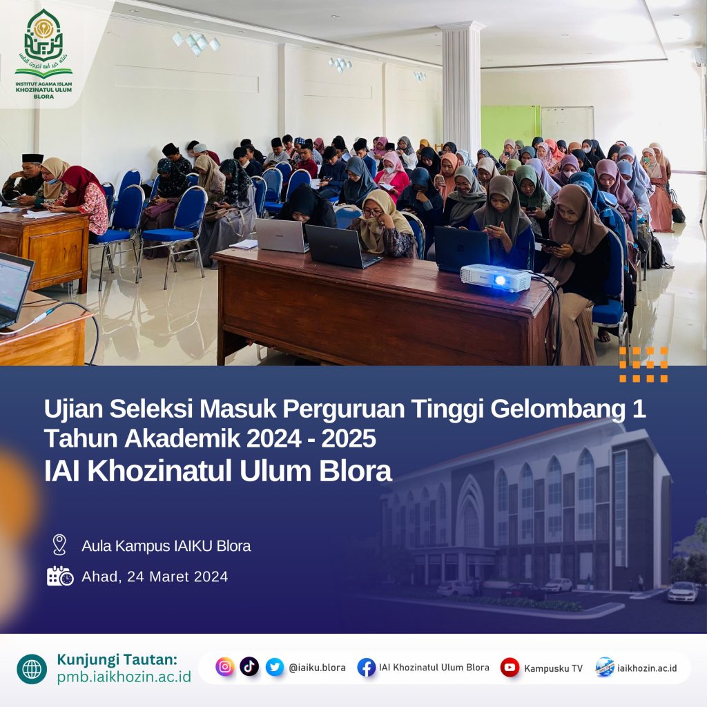 IAIKUPers-Sunday (24 Maret 2024) The Khozinatul Ulum Blora Islamic Institute Campus held the first batch of entrance exam selection in the Hall. As for new student registration (PMB) year 2024 it's been open since 08 January arrives 07 Maret 2024 Then. PMB Committee of the Institute of Islamic Religion 2023, say, more than 100 prospective students have registered. We feel grateful that the Islamic Institute is still trusted by the people of Blora Regency who come from various SMA/SMK/MA equivalents. Even, not just Blora District , but there is Ngawen , Kunduran,Todanan and other areas,''ujarnya. In the PMB selection exam at the Khozinatul Ulum Blora Islamic Institute 2024 starting at around approx 08.00-12.00 WIB with 3 The test stage includes Arabic, English and TPA (Academic Potential Test). For English questions, there is Listening in the form 15-35 multiple choice , while there are Arabic and TPA questions 50 multiple choice questions (Multiple Choice). The Chair of the New Student Admissions Committee said that registration was in waves 2 reopened i.Marchte 27 Maret -5 Juni 2024 and God willing, we will hold the entrance selection test on that date 12 Juni June. Please, prospective students, don't worry, wave registration 2 has reopened. They ask for registration using online registration by clicking https:Pmb.iaikhozin.ac.id, "he said". " After registering, we will respond as soon as possible and tell you the next steps,''tambah dia. Khozinatul Ulum Blora Islamic Institute, Open 8 Study programs include Al-Quran Science and Tafsir (IAT), Hadith Science (ISLAND), Islamic religious education (PAI), Madrasah Ibtidaiyah Teacher Education (PGMI), Early Childhood Islamic Education (PIAUD) , Ekonomi Syari'ah ( ES), Perbankan Syari'ah (PS), Manajemen Bisnis Syari'ah (MBS). Information:Yusron Ridho Nurfatoni