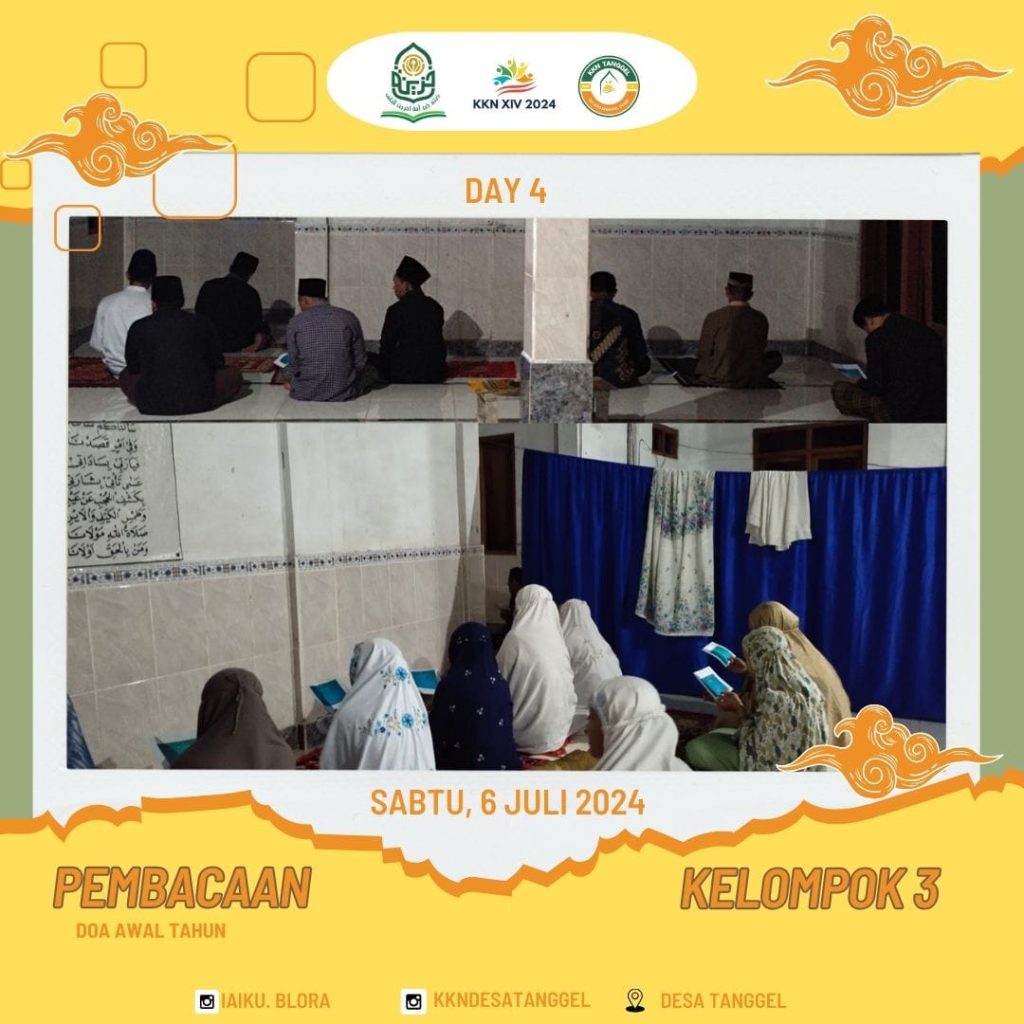 IAIKUPers- Sabtu (6 Juli 2024)Mahasiswa Kuliah Kerja Nyata (KKN) Kelompok 3 IAI Khozinatul Ulum Blora ikut serta dalam doa bersama awal tahun baru hijriah I446 H di Mushola Darul Ulum Kalipeng,Desa Tanggel , Kecamatan Randublatung, kabupaten Blora. Agenda peringatan satu Muharram tersebut sudah menjadi bagian kearifan lokal masyarakat.terlihat sangat antusias dari masyarakat sekitar dalam mengikuti acara tersebut. Peringatan satu Muharram merupakan tahun baru umat Islam. Penentuan satu Muharram ini berdasarkan perhitungan kalender hijriyah. Kalender hijriyah adalah sistem penanggalan menurut rotasi dan revolusi bulan. Umat Islam menggunakan penanggalan kalender hijriyah yang berdasarkan rotasi atau perhitungan bulan. Sementara, perhitungan matahari itu kalender Muharram yang dipakai orang umumnya. Prosesi Kegiatan doa bersama dipimpin oleh Saudara Kamil ( Peserta KKN) dan diikuti oleh para jama'ah. Sementara itu Narendra (Peserta KKN ) mengatakan bahwa kegiatan suroan ditujukan untuk menjalin silaturahmi dan mengingatkan perjuangan Rasulullah SAW saat berdakwah. Melalui pembacaan doa bersama ini, sekaligus berupaya membentuk silaturahmi agar lebih dekat dengan warga setempat, dengan harapan teman-teman KKN kedepannya bisa menjadi insan yang lebih baik, dan apa yang kita jalankan di masyarakat ini bisa terwujud. "tutupnya."